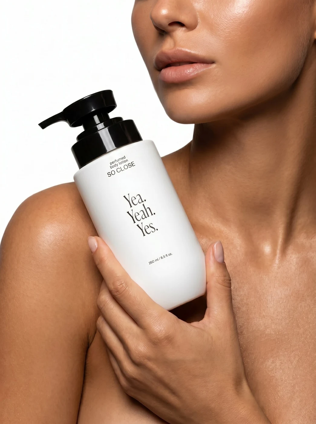 Yea.Yeah.Yes. campaign with a model holding So Close perfumed body lotion