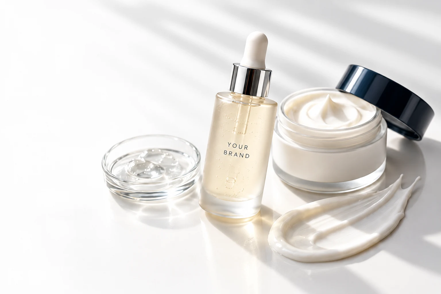 A serum bottle, cream jar and clear gel with rich cosmetic textures, illustrating your future beauty range